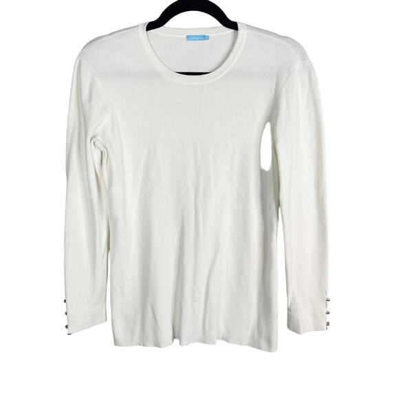 J McLaughlin Medium M White Ribbed Crew Neck Button Cuff Sweater Cotton Modal - Picture 1 of 8